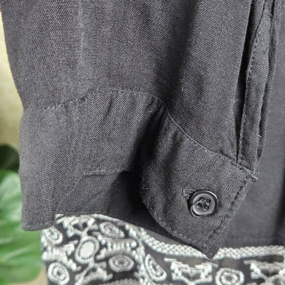 Pretty Good Size Medium Black Tunic White Embroidery Roll Tab Sleeves Back Tie - Picture 6 of 16
